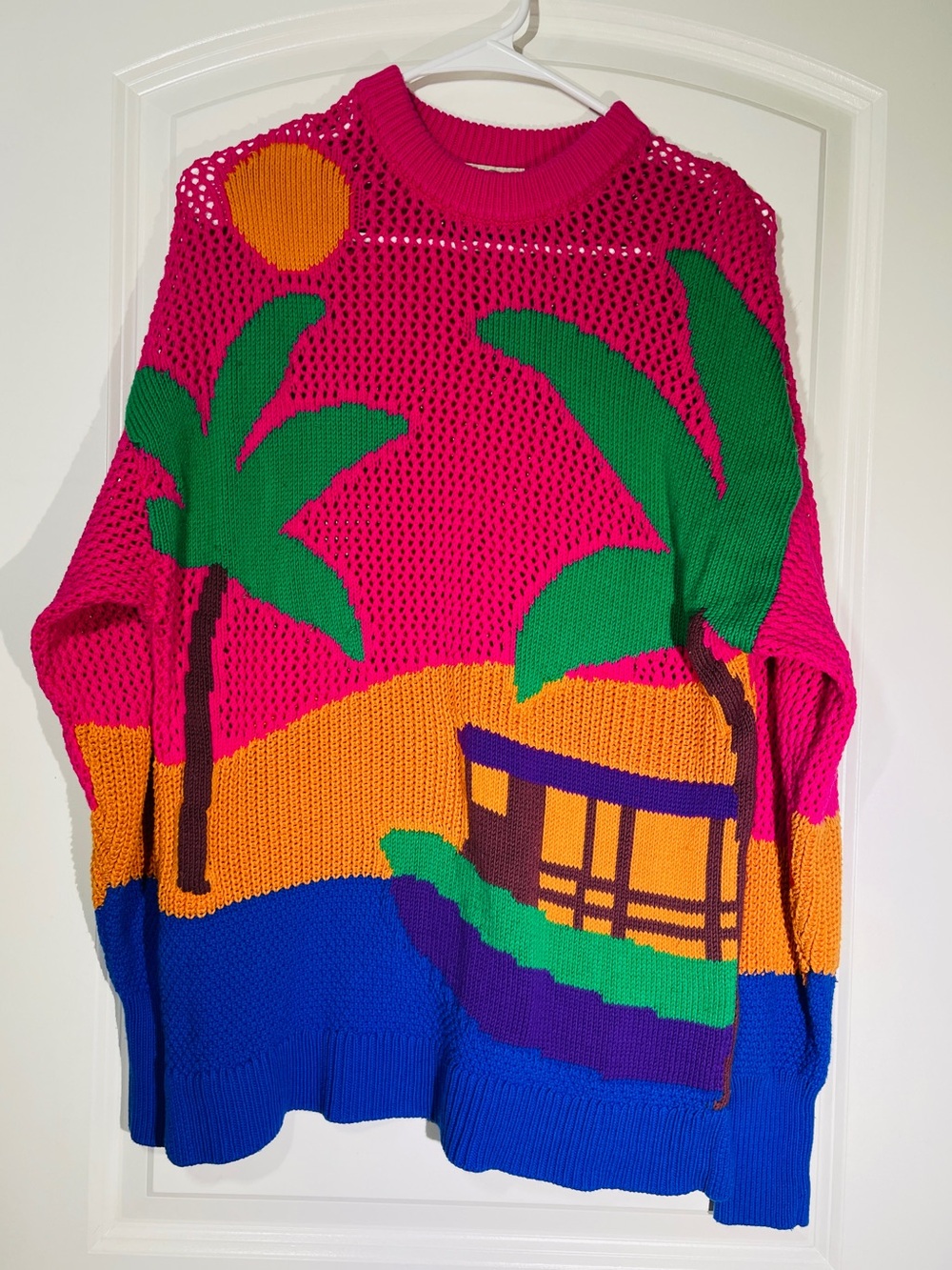 FARM Rio Hot Pink Open-Knit Tropical Sweater with Green, Orange & Blue